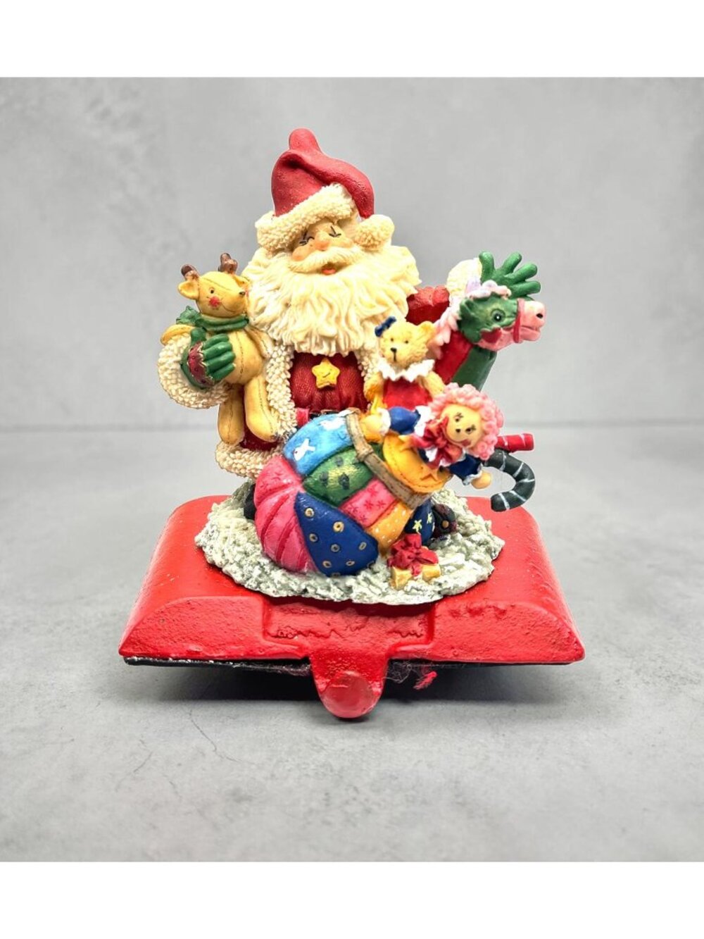 Santa Stocking Holder Cast Iron Christmas Decor With Toys & Reindeer Figurine